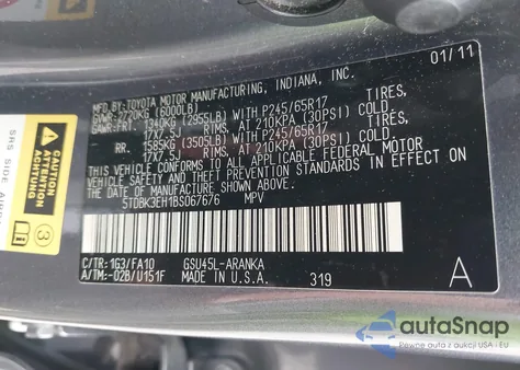 2011 Toyota Highlander Base V6 из США, поврежденный, VIN 5TDBK3EH1BS067676